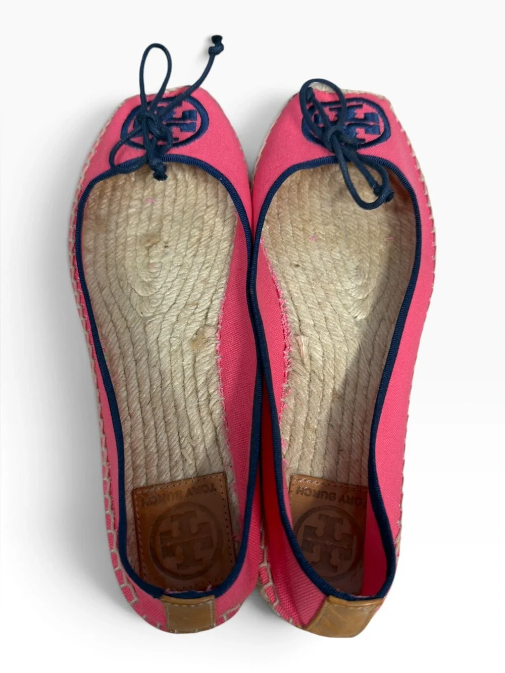 Tory Burch Pink Navy Logo Canvas Ballet Espadrille Flats Bow Womens Size US 9
